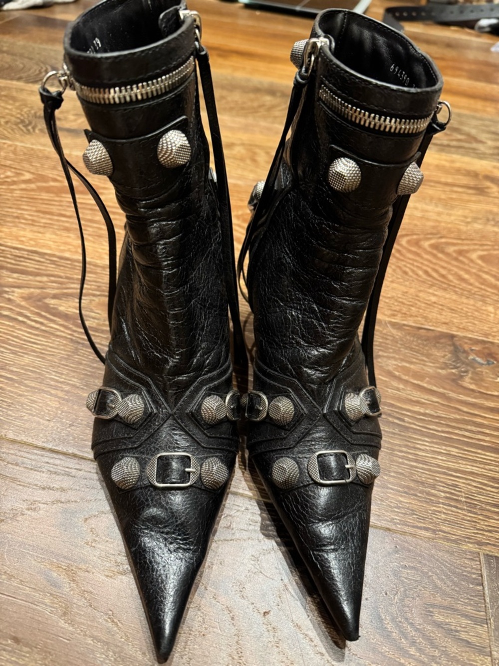 Women's Black Pointed Toe Leather Ankle Boots with Stud Detail